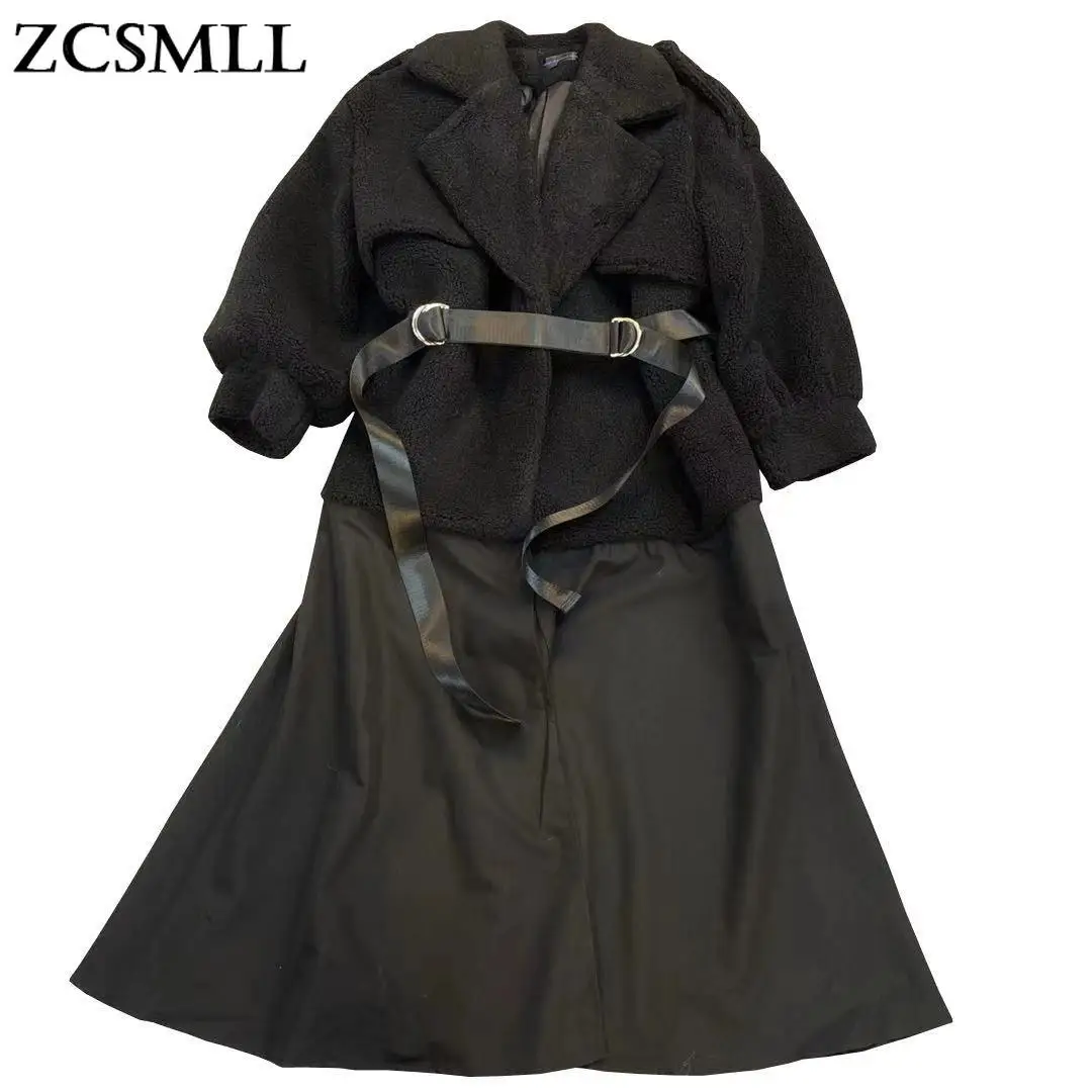 

ZCSMLL 2021 зимняя Черная куртка с отложным воротником и длинными рукавами из пузырчатой ткани с прострочкой и поясом, хлопковое свободное Женск...