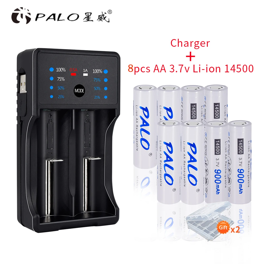 PALO 3,7 V Li-Ion bateria 14500 Li-Ion 900mah 14500 перезаряжаемая батарея литиевая батарея для камеры Фонарик Радио игрушка - Цвет: 1 charger 8 battery