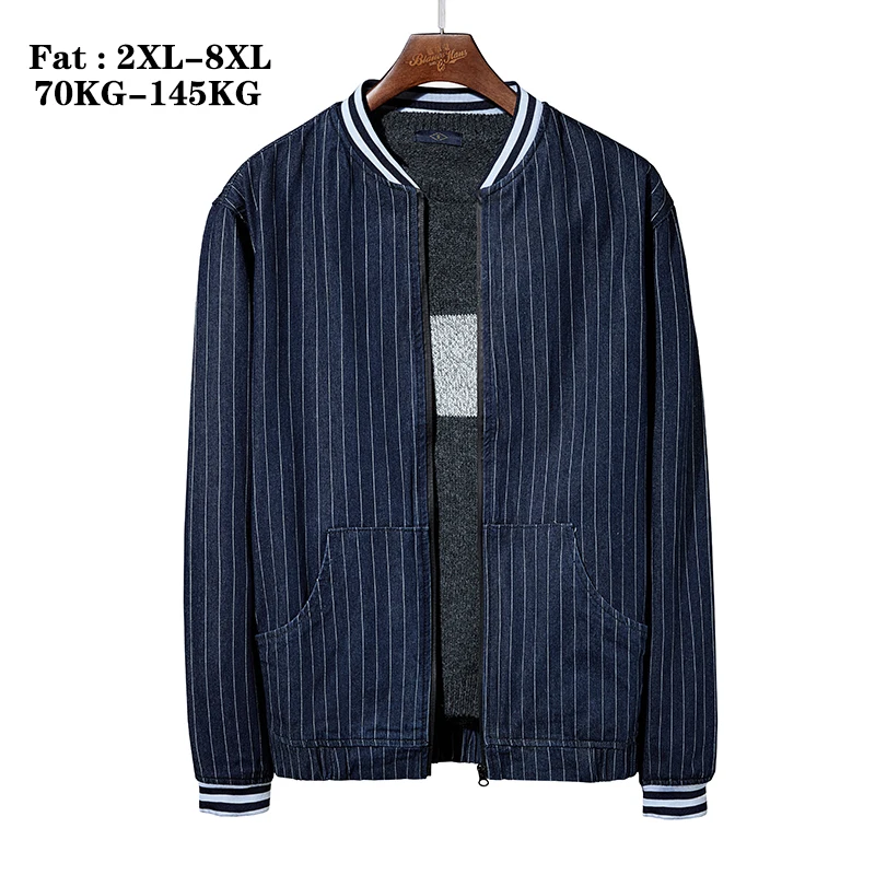 

Big Size Spring New Vertical Striped Denim Jackets Men's Baseball Uniform Jeans Jacket Fashion Streetwear Coat Brand Clothes