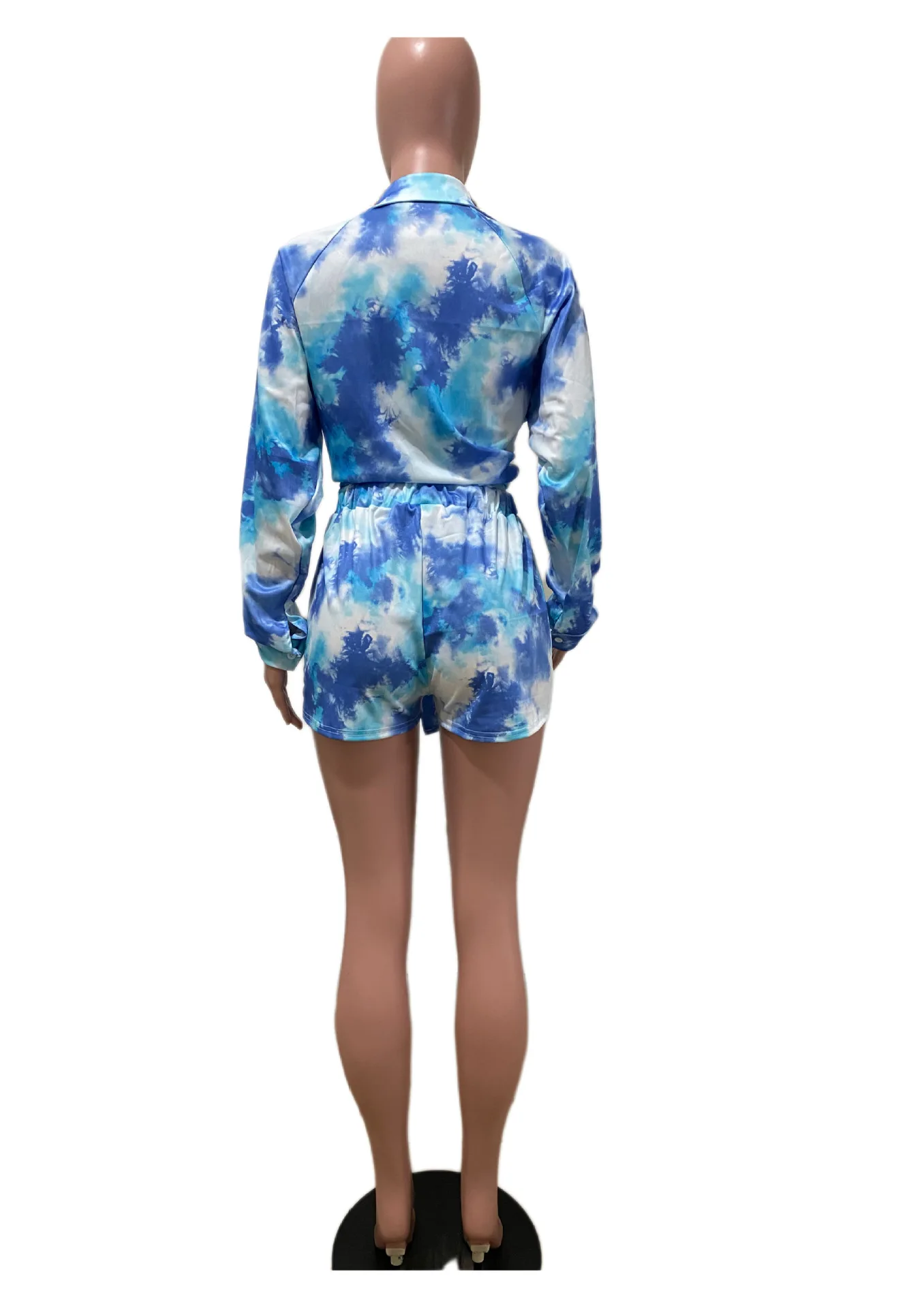 

Fashion Printed Large V-Neck Lace Women's Shirt Set Casual Tie Dyed Blue Long Sleeve Shirt Top+Shorts Two Piece Set