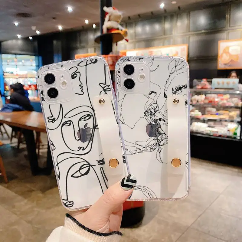 

Funny Face Abstract Cartoon Phone Case Wrist Strap For iPhone 7 8 11 12 X XS XR MINI Pro Max Plus Hand Band Transparent Clear
