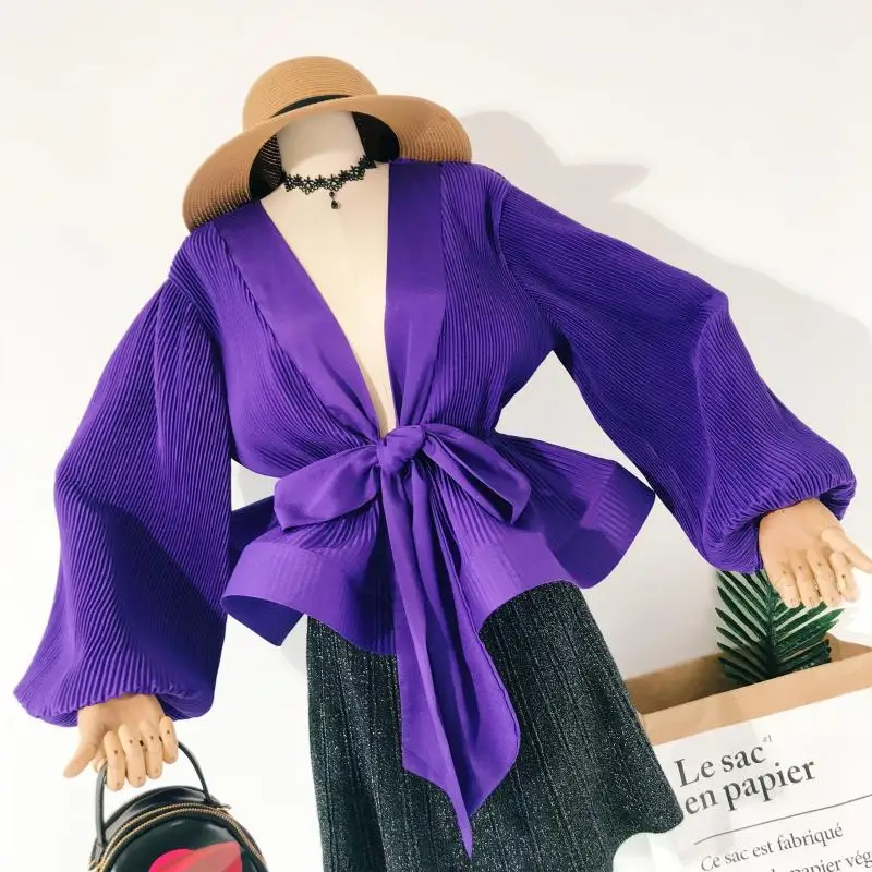 

Женская шифоновая рубашка, осенняя плиссированная блузка с длинными рукавами-фонариками, с эластичным поясом, с оборками, V-образным вырезом, C591, 2019