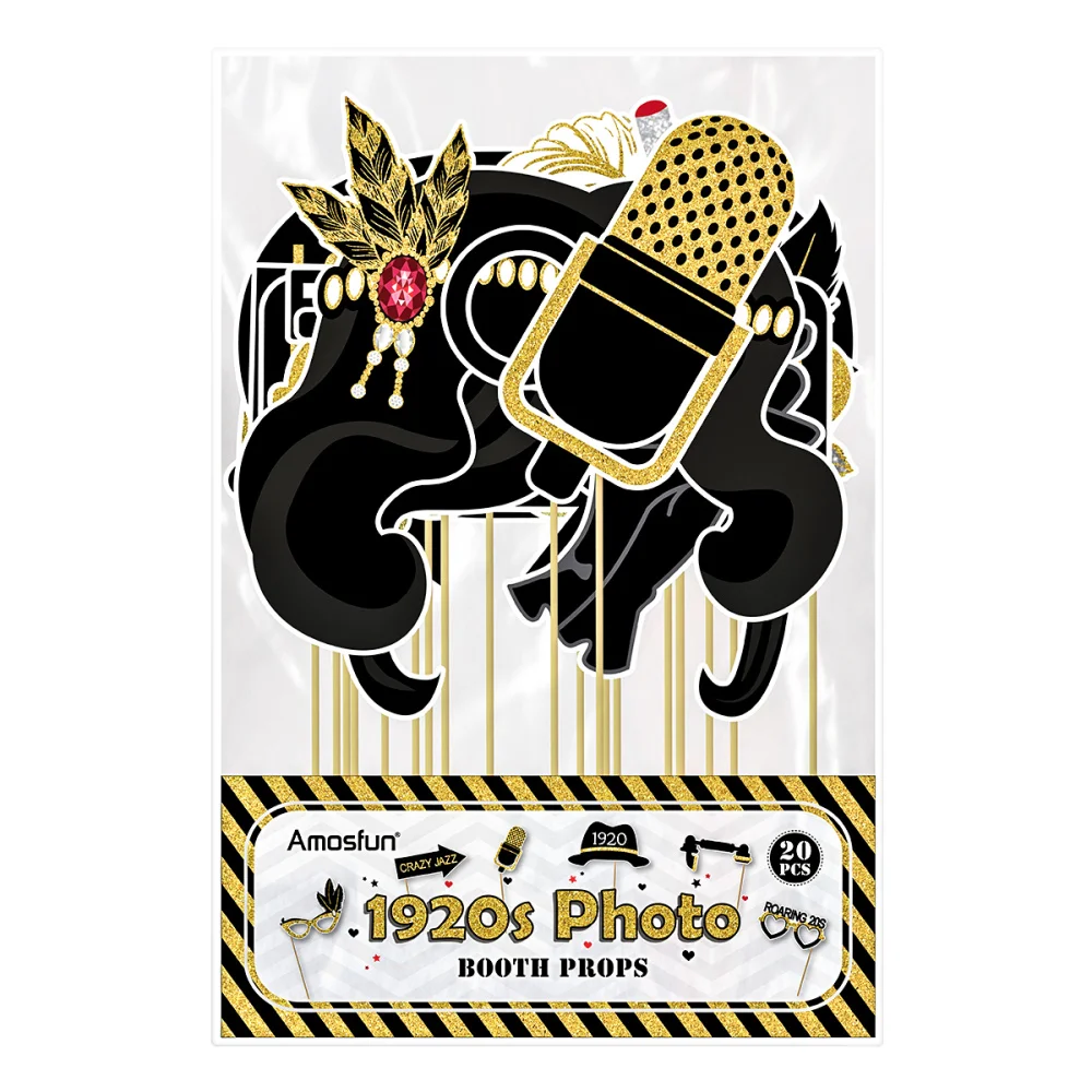 

Amosfun 20PCS Funny 1920s Party Photo Booth Props with Bamboo Sticks Creative Party Decoration Supplies