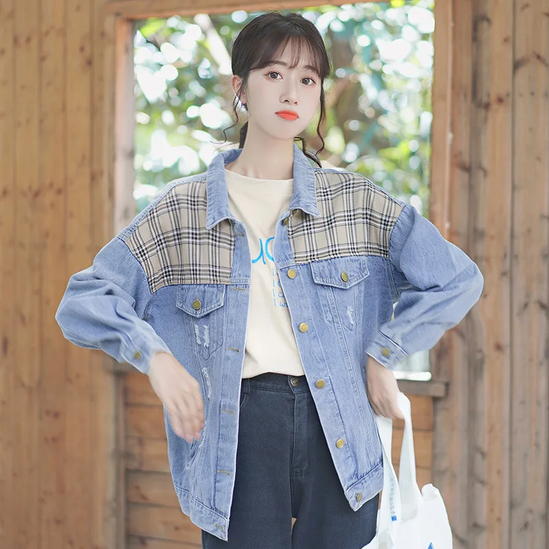 

Chic Khaki 2020 Spring and Autumn New Design Sense Color Matching Plaid Jacket Student Stitching Harajuku Denim Jacket Female