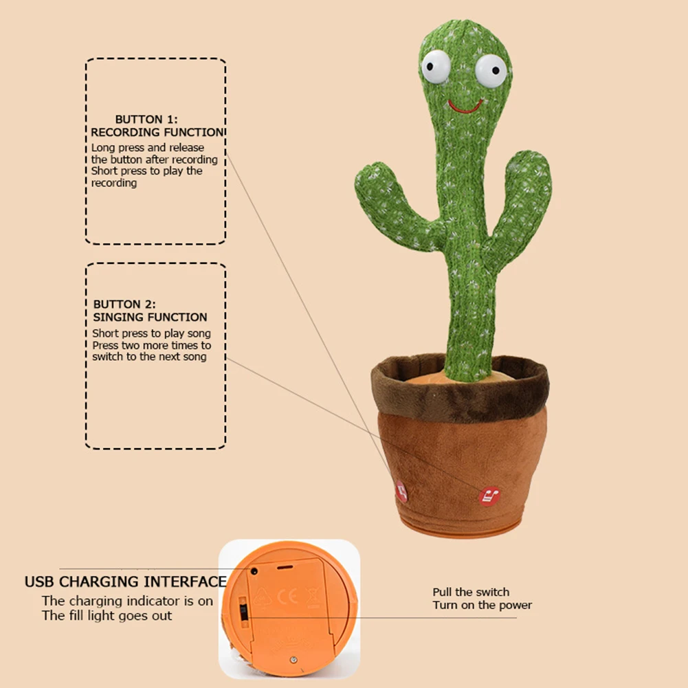 Dancing Cactus Electron Plush Toy Soft Plush Doll Electronic Stuffed Animals For Children Girls Boys Baby Xmas Gift Party Decor