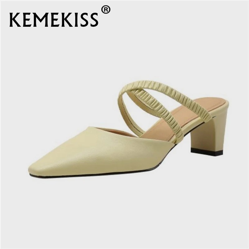 

KemeKiss Women Fashion Real Leather Sandals Pointed Toe Slip On Shoes Thick Heel Solid Color Female Footwear Summer Size 34-39