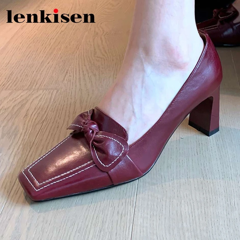 

Lenkisen French romantic vintage colors real leather square toe high heels butterfly-knot sweet fashion spring women pumps L26
