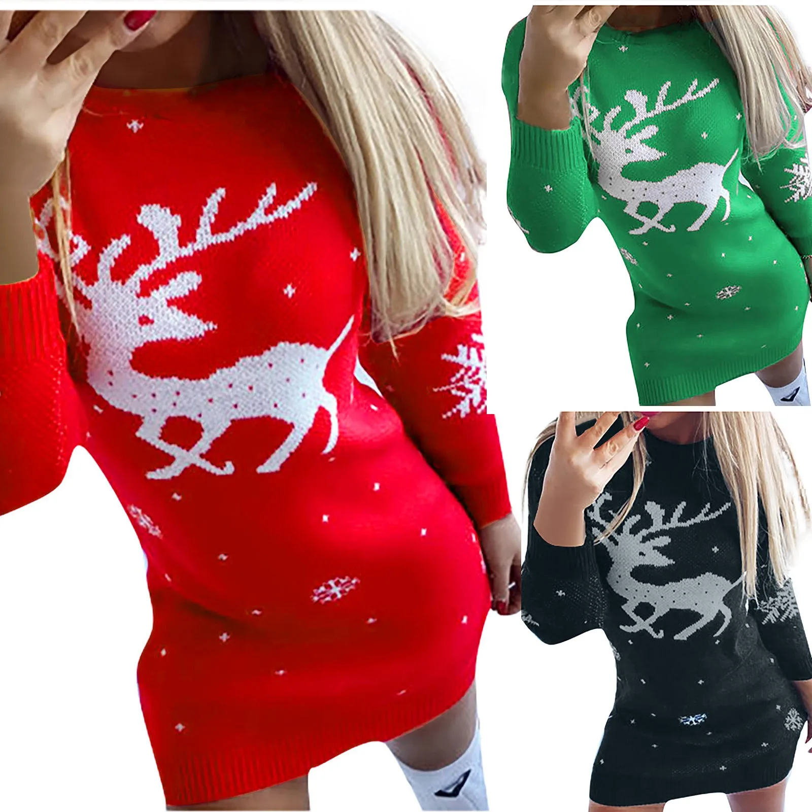 

Fashion Christmas Women O-Neck Elk Snowflake Knitted Dress Autumn Winter Casual Long Sleeve Warm Sweater Mini Dresses платье