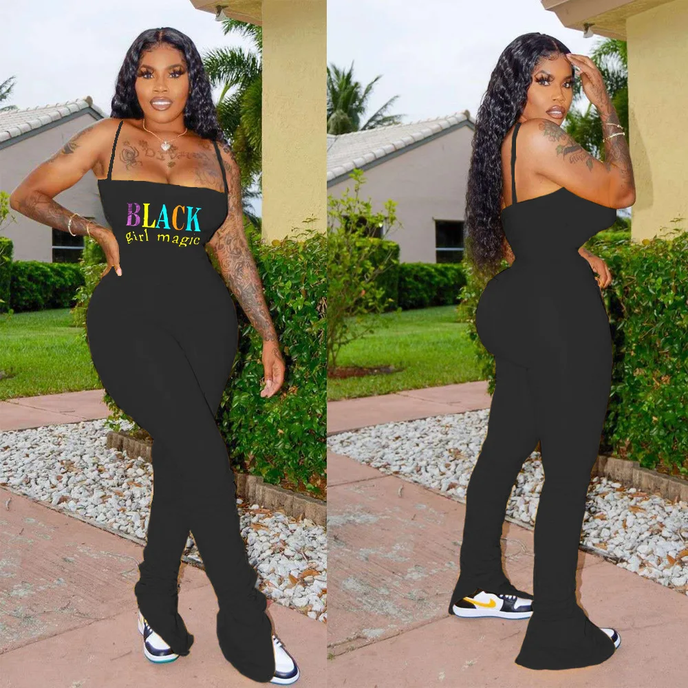

2020 Summer New Letter Printed Jumpsuit Fashion Slim Square Collar Sleeveless Women's Suspender Tank Top Pants Romper Women