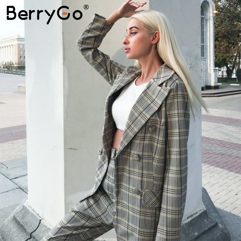 BerryGo офисный женский клетчатый Блейзер, комплект из двух предметов, двубортный женский Блейзер, брюки, костюмы, Повседневная Уличная одежда, женские брюки, набор