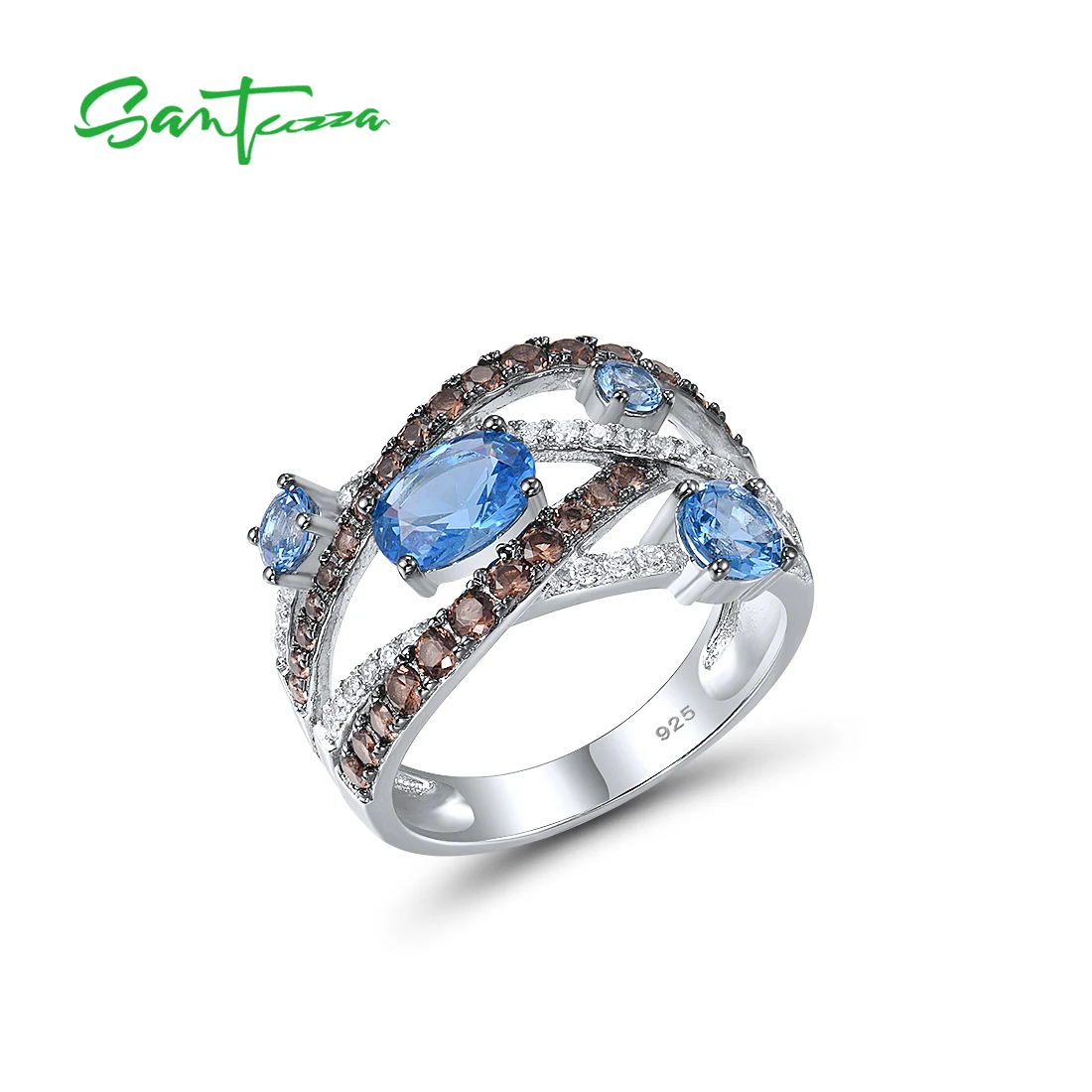 SANTUZZA Authentic 100% 925 Sterling Silver Rings For Women Sparkling Brown Blue Spinel White CZ Dazzling  Trendy Fine Jewelry