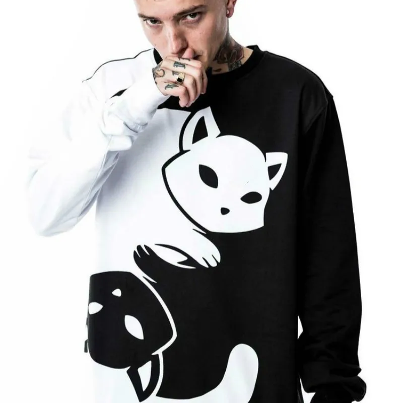 Spring Autumn Fashionable Men's Hoodie Couples Black White Tracksuit Yin Yang Cat Long Sleeve Pullover Comfy Casual Sweatshirts