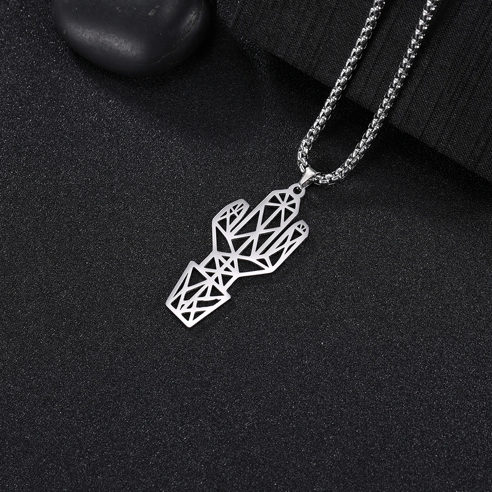 Skyrim Stainless Steel Cutout Cactus Pendant Necklace Simple Statement Long Box Chain Necklaces Jewelry Gift for Women Men | Украшения и