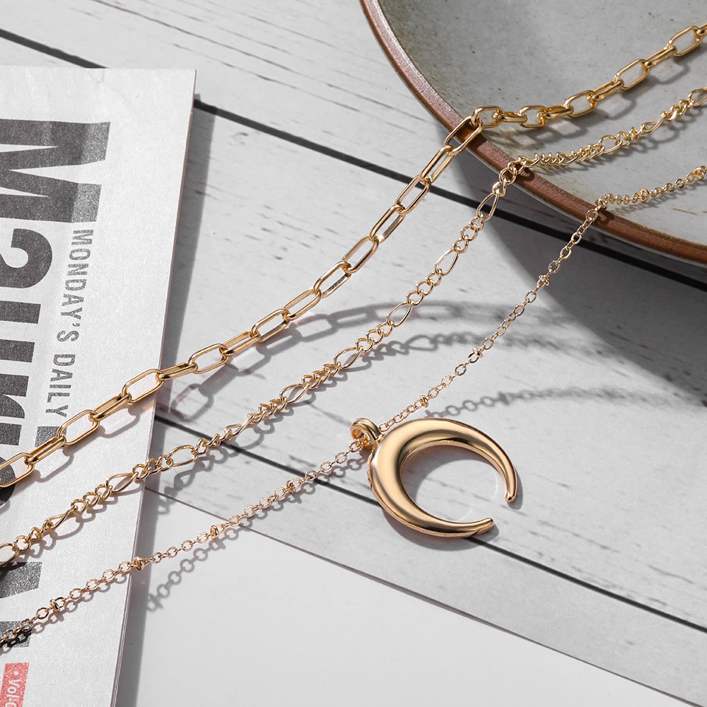 

EN Bohemian Gold Moon Pendant Multilayered Chain Necklaces Women Map Coin Chain Choker Necklace for New Party Gifts Jewelry 2021