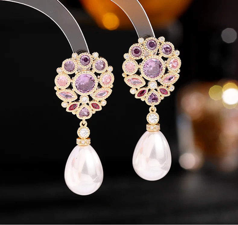 

New Cubic Zircona Errings Court Style Earrings, Flower Drop-Shaped Pearl Earrings Wedding Party Jewelry LYX132