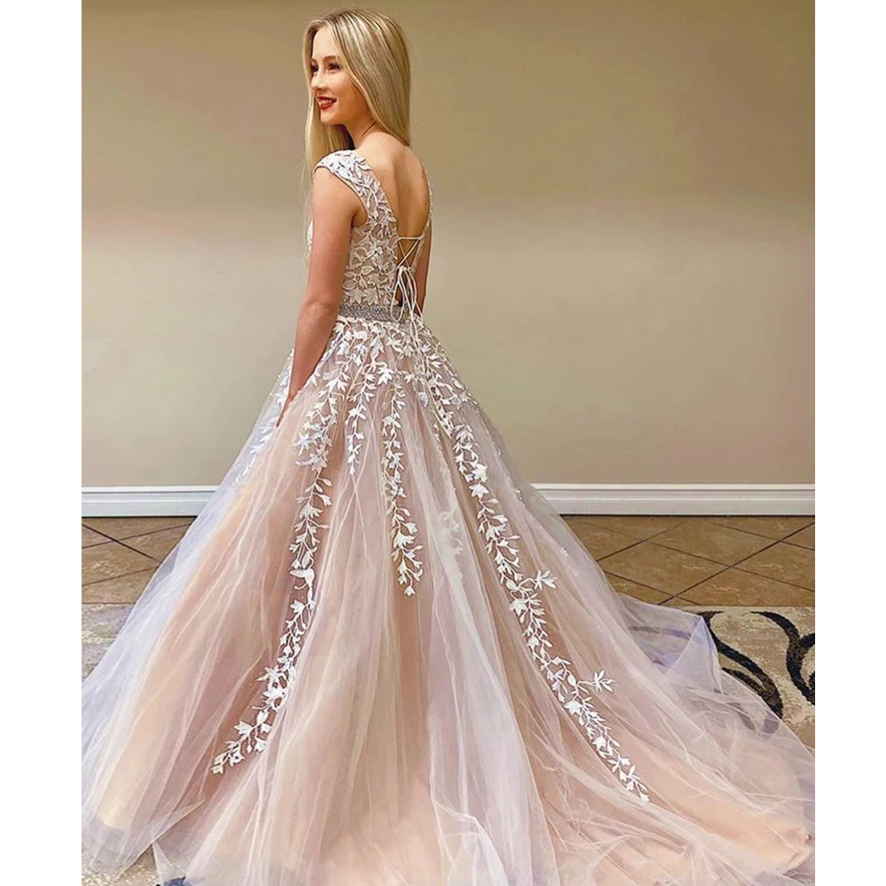 

Lace Appliques Evening Dresses Long 2021 Simple Tulle A-Line Elegant Beading Prom Gown Princess Sparky robe de soirée de mariage
