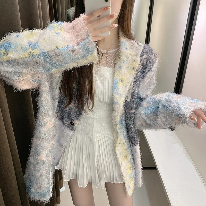 

21 Fashion Ladies Outerwear Retro European style Casual jacket flower color lapel Heavy industry mosaic Spring Autumn woman coat