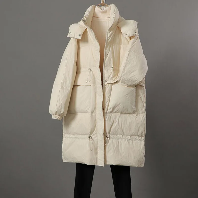 

2021 Long Down Jacket Women Winter Coat Thick Warm White Duck Down Coat Female Loose Down Parka Hooded Women Overcoat