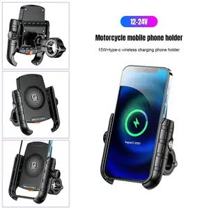 motorcycle phone holder 15w wireless smart charger usb type c wire charing 2 in 1 semiautomatic stand 360degree rotation bracket free global shipping
