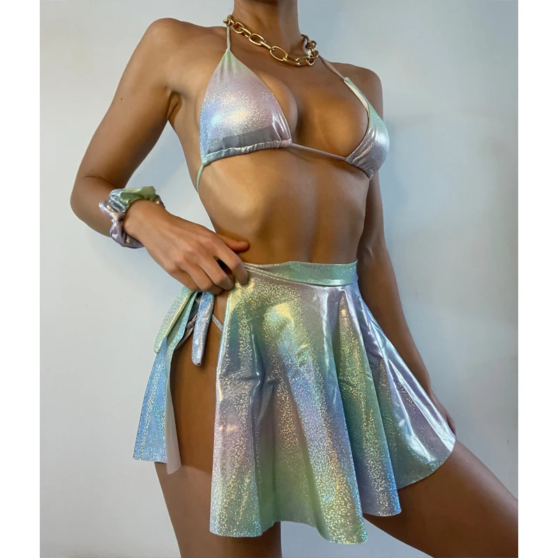 

Женский купальник 2021, сексуальные стринги, комплект бикини с мини-юбкой, 3 предмета, градиентные микро купальники, женские купальные костюмы