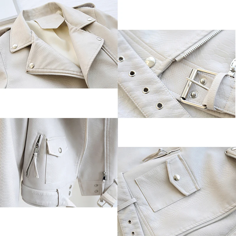 

Zcwxm 2021 Spring Autumn New Women Vintage Faux Leather Jackets Slim Short Snake Print ladys Zipper Belt Motorcycle Overcoat