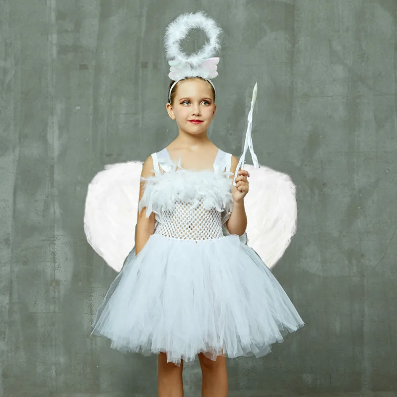 Детский костюм для Хэллоуина Guardian Angel платье-пачка с белыми перьями и крыльями