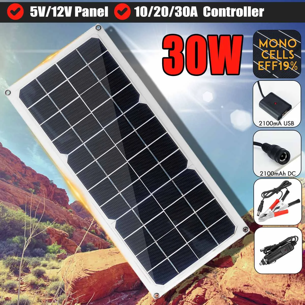 

30W Solar Panel 12V Polycrystalline USB Power Portable Outdoor Cycle Camping Hiking Travel Solar Cell Phone Charger