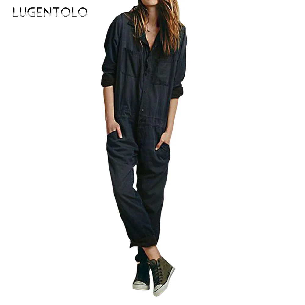 

Black Elegant Jumpsuit Fashion Women Loose Sleeve Casual Black Solid Pocket Button Street Female Street Jumpsuits Lugentolo