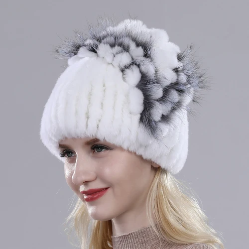 white Брендовые женские шапки из меха кролика Рекс, зимние шапки из меха кролика Рекс, вязаные шапки в полоску с цветком из лисьего меха - Цвет: white