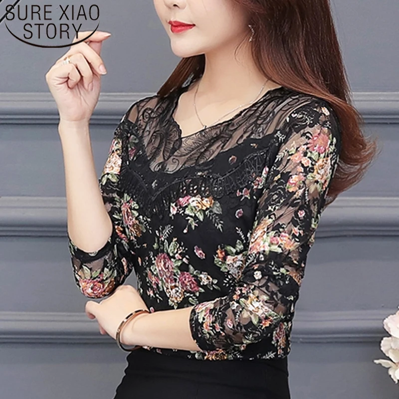 

New Fashion 2021 Autumn Elegant Casual Women Blouse Lace Women Clothing Floral Long Sleeve V-neck Women Shirts Plus Size 5486 50