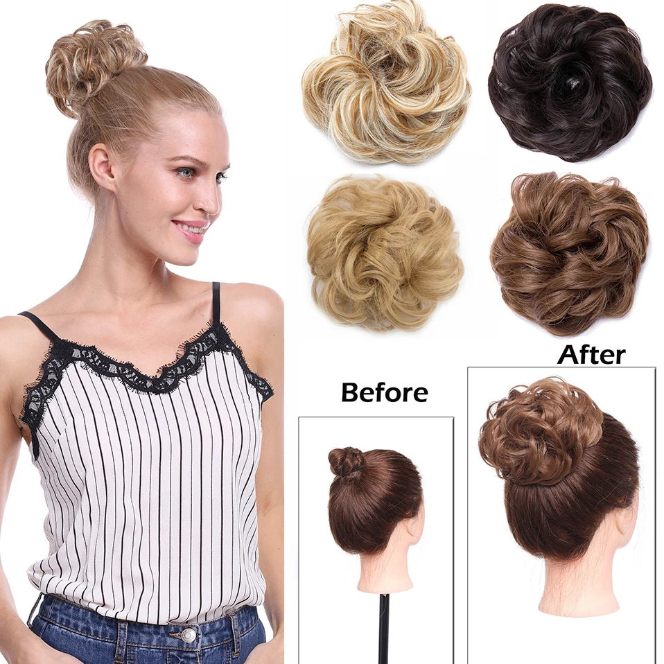 HAIRRO Synthetic Elastic Hair Scrunchie Curly Chignons Hair Rope Natural Fake Hair Bun Curly Clip in Hair Ponytails Extensions