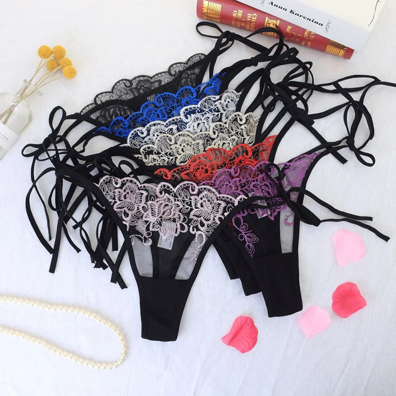 

Women Bandage Embroidery Hollow Thong Sexy Temptation Mesh Perspective Panties Fun Low Waist G-String Brief