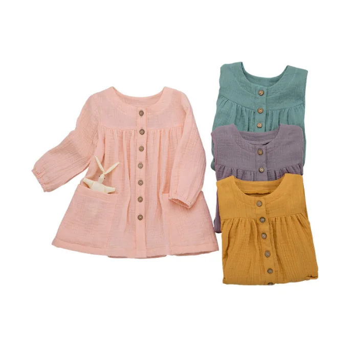

6M-5T Autumn Baby Girls Four Colors Long-Sleeved Dress Children Cotton Linen Crepe Round Neck Solid Color Cardigan Clothing