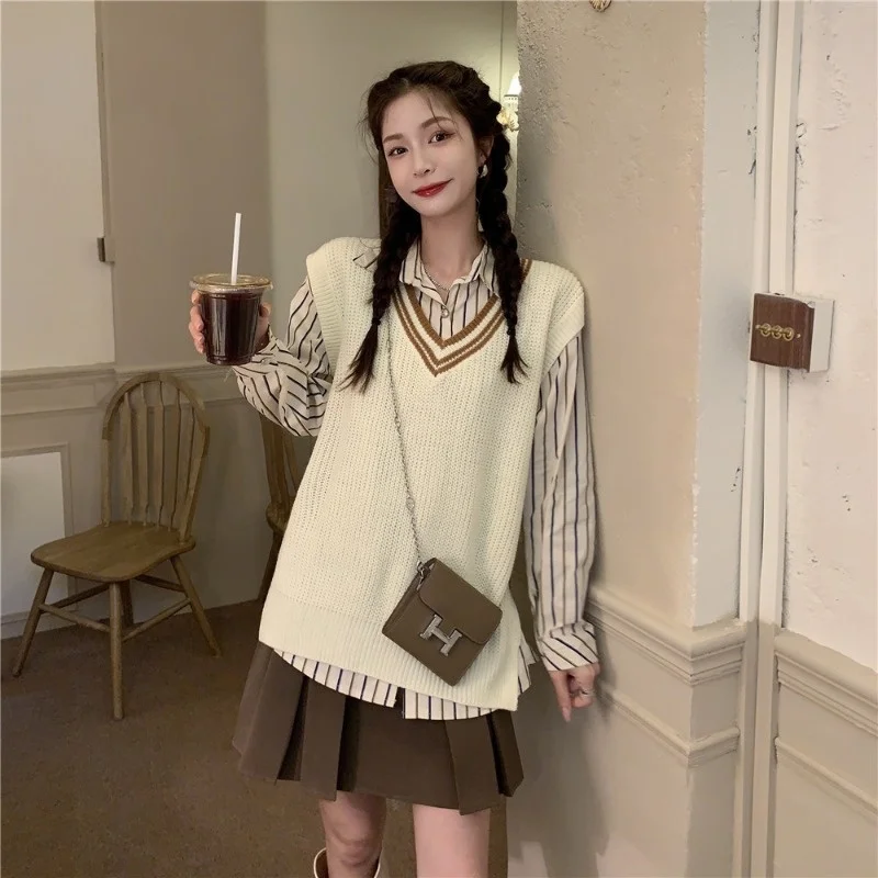 

Shirt Two-Piece Vest Set Female Spring and Autumn Outer Wear Loose and Lazy Style V-neck Mid-Length Sweater Kio