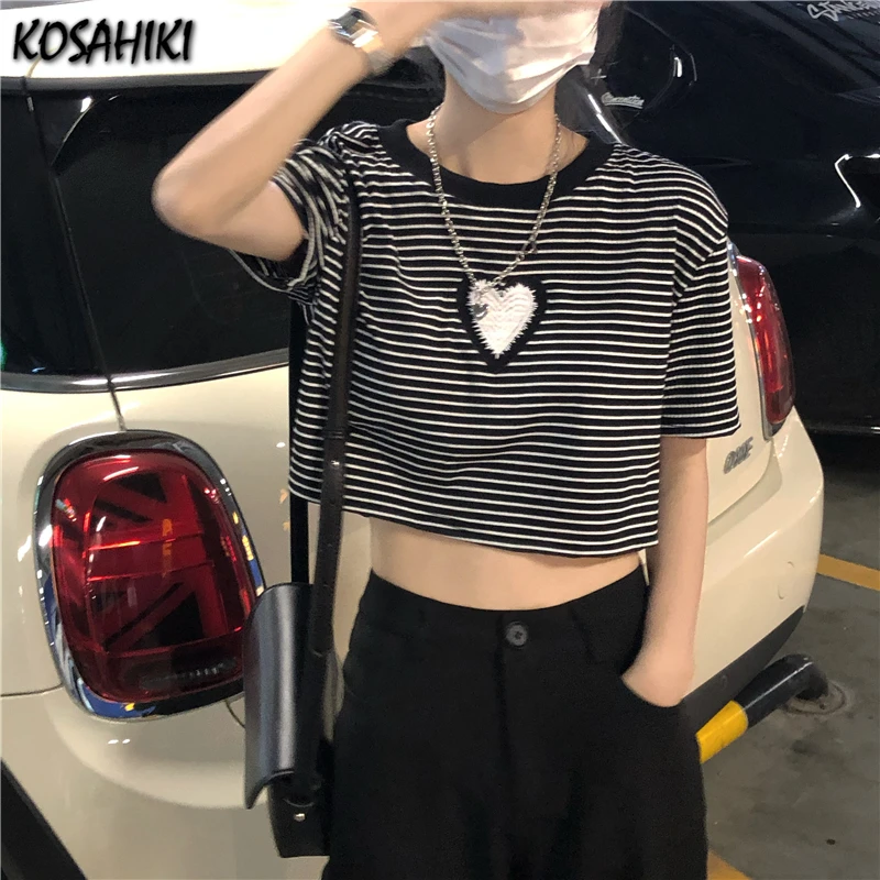 

KOSAHIKI Crop Top Women Striped Tops Slim Fit T Shirt Harajuku Heart Embroidery Tshirt Summer Short Sleeve Korean Feminina Tops