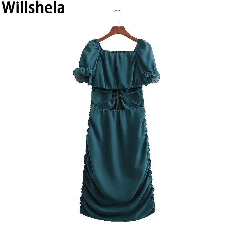 

Willshela женское модное однотонное мини-платье с вырезом спереди и молнией сзади винтажные женские платья с коротким рукавом и квадратным воро...