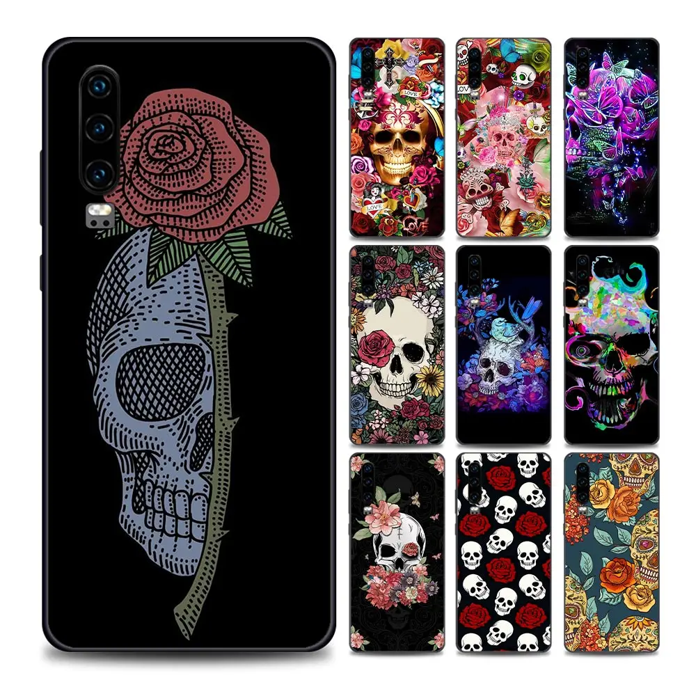

Retro Style Flower Skull Phone Case for Huawei P10 Lite 20 30 40 Lite E Pro Plus 50 Pro P Smart Z Soft Silicone Cover Coque