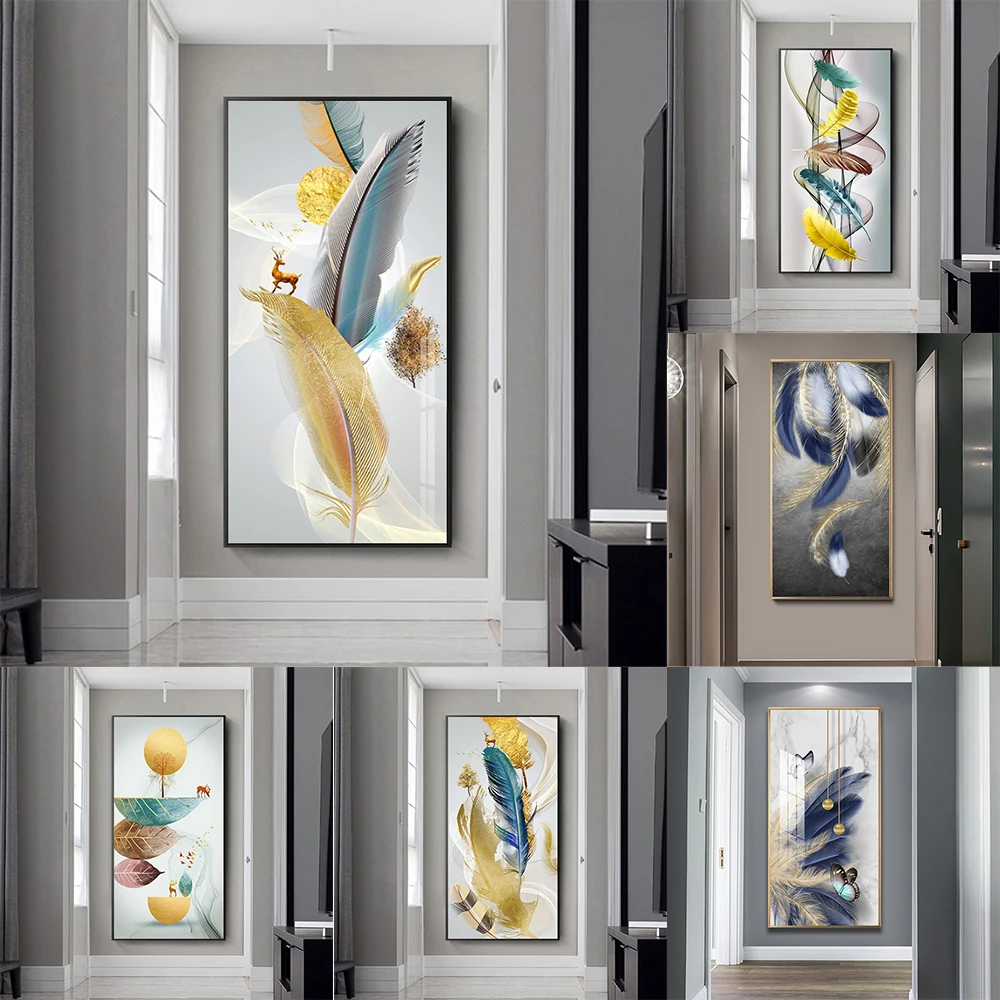 Скандинавские абстрактные перья золотисто-желтые плакаты с оленем принты Холст