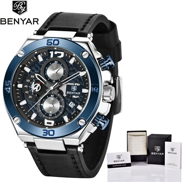 Silver blue Новинка BENYAR Брендовые мужские кварцевые часы Роскошные Военные Спортивные Хронограф бизнес Водонепроницаемые кожаные часы Relogio Masculino - Цвет: Silver blue