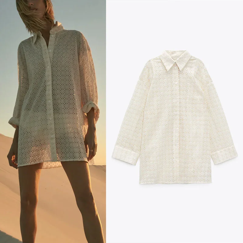 

2021 Za Summer Woman Shirt Loose Oversized Embroidered Cut Out Female Shirts Vintage Lapel Long Sleeve Button Casual Tops Women