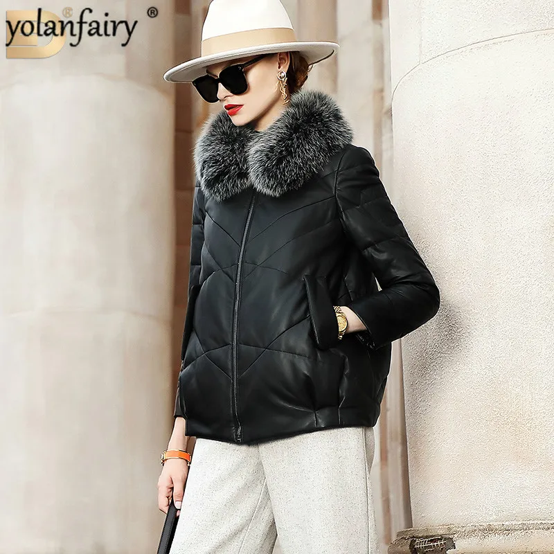 

Genuine Leather Down Jacket Women Winter Sheepskin Coat Warm Fox Fur Collar Thick Real Leather Jackets 2020 ED6009-12916 KJ3664