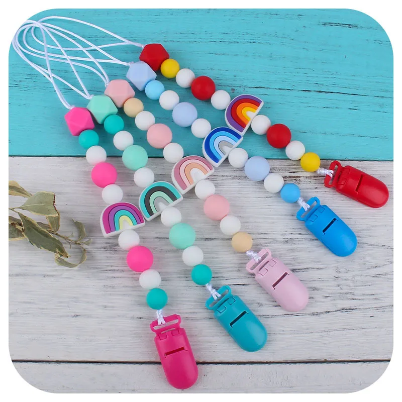 Coskiss-Juego de 2 unids/set de globos de arco&iacute;ris, productos de silicona de grado alimenticio, mordedores, pulsera y dentici&oacute;n, chupete bonito, cadena de Clips-4