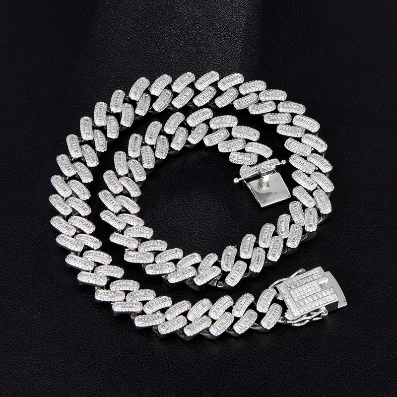 Silver Necklace Hip Hop 15MM Bling Iced Out AAA CZ Square Zircon Cuban Link Chain Necklace For Men's Copper Necklaces For Men Jewelry - Metal Color: Silver Necklace