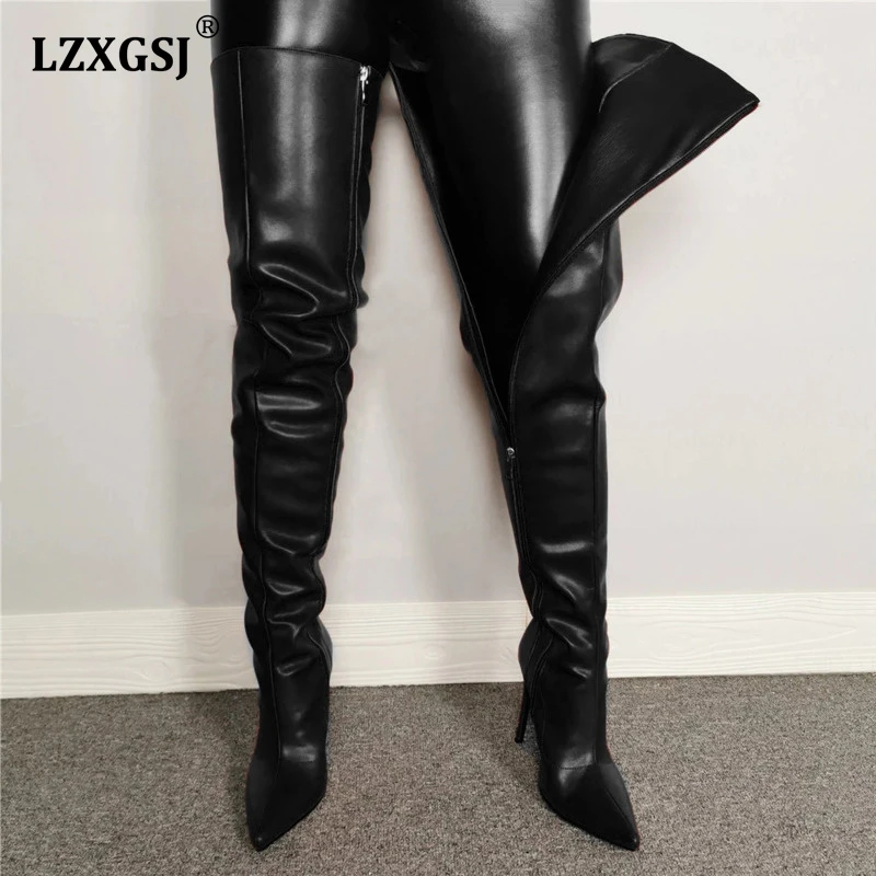 Colorful Pu Leather Women Thigh High Boots Lady Pointed Toe Over The Knee Heels Fashion Zip Slip On Female's Long | Обувь