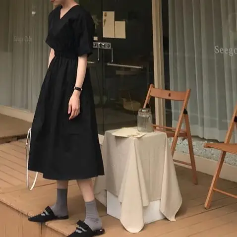 Платье 2020 летнее короткий рукав v-образный вырез высокая талия а-силуэт Harajuku Kawaii