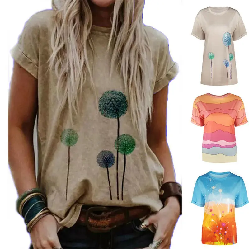 

Женская футболка с коротким рукавом, футболка с цветочным принтом, Повседневная рубашка, лето 2021, модная новая одежда для женщин, топы с круг...