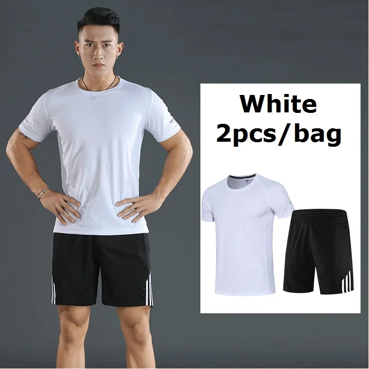 White 2pc Мужской мотоциклетный спортивный костюм для спортзала фитнес компрессионная одежда для бега спортивная одежда упражнения тренировка колготки - Цвет: White 2pc