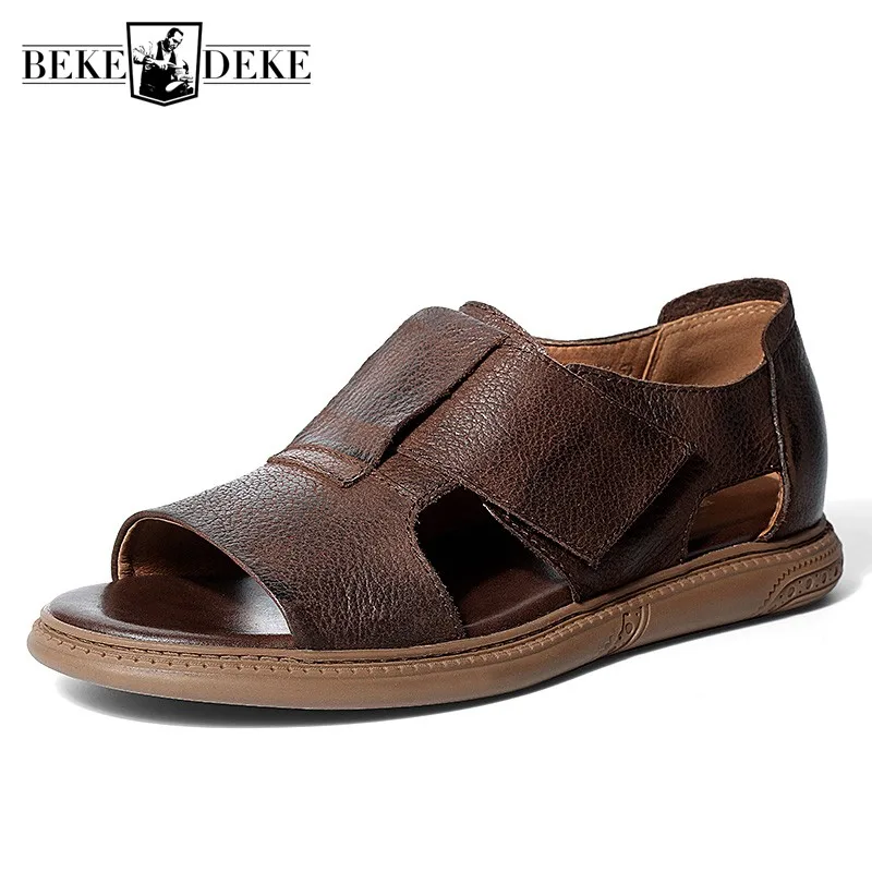 

2022 Summer Men 100% Real Leather Sandals Vintage Rome Shoes England Style Casual Platform Sandals Male Open Toe Beach Shoes