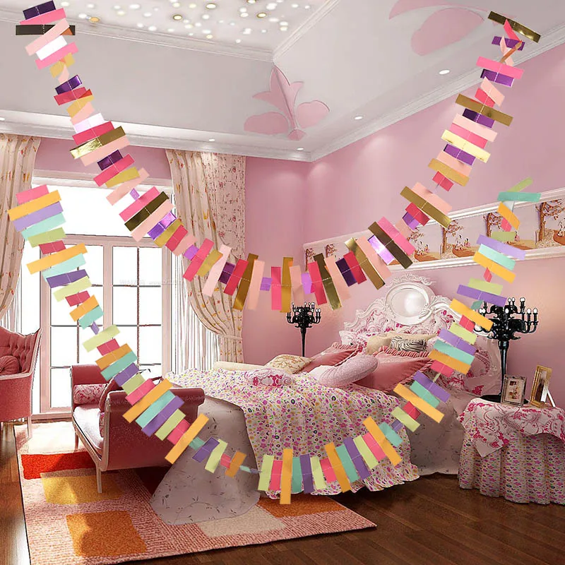 

2 M Rectangle Paper Garland Gold Sliver Banner Bunting Hanging Ornaments Birthday String Chains Wedding Party Home Hanging Decor