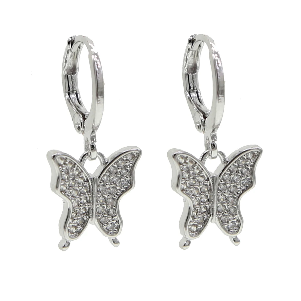 Женские серьги в стиле хип хоп золотистые/Серебристые бабочки с фианитами